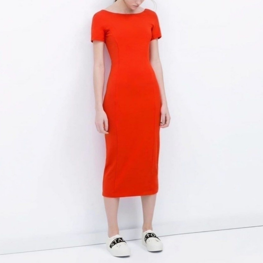 Zara Trafaluc Women's Short Sleeve Stretch Bodycon Low-Back Midi Dress, Red, MED